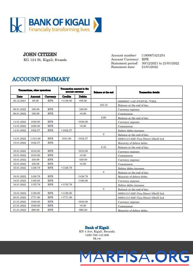 Blank Rwanda Bank of Kigali bank statement word real example